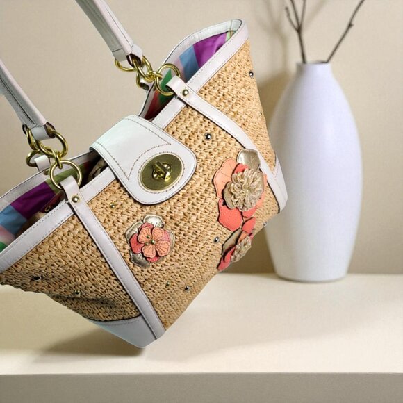 COACH Natalie Floral Straw Basket Bag embellished flower applique peach - Picture 3 of 9